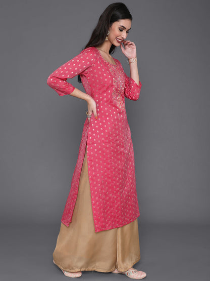 Women's Pink Dobby Designed Embroidered Kurta