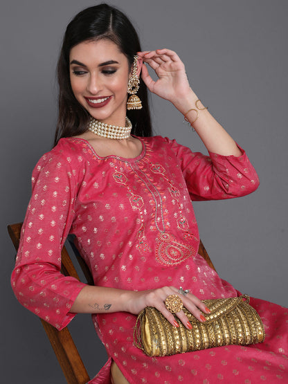 Women's Pink Dobby Designed Embroidered Kurta