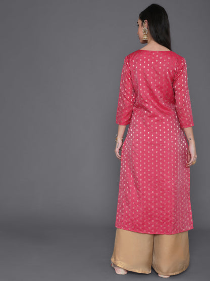 Women's Pink Dobby Designed Embroidered Kurta