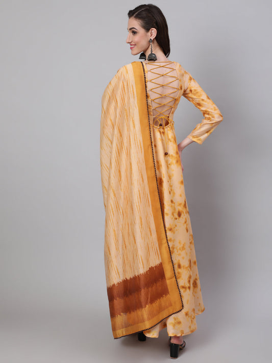 Women's Cream Tie & Dye backless Maxi Dress With Dupatta