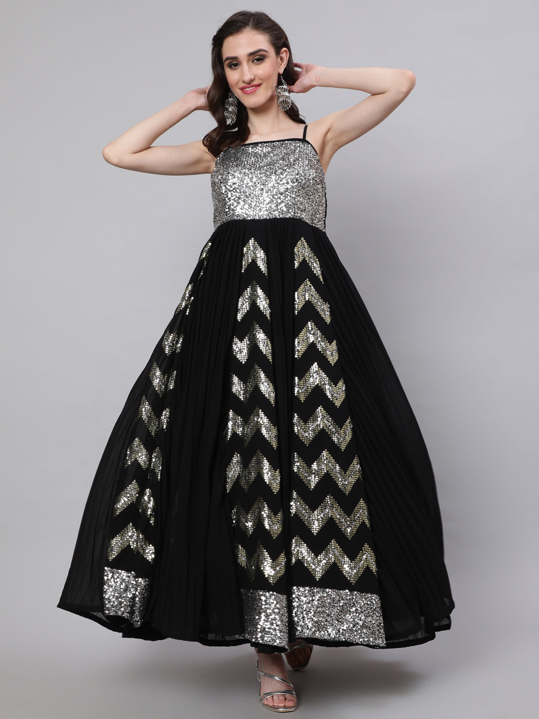 Women's Black Sequin Pleated Maxi Dress