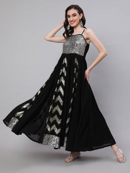 Women's Black Sequin Pleated Maxi Dress