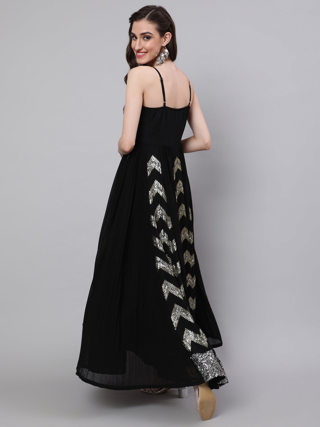 Women's Black Sequin Pleated Maxi Dress