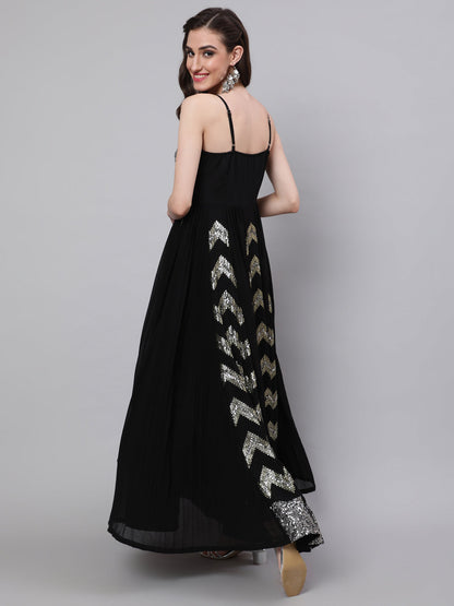 Women's Black Sequin Pleated Maxi Dress