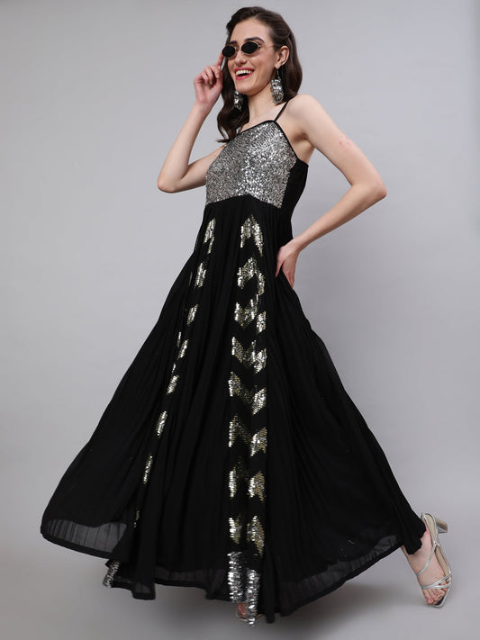 Women's Black Sequin Pleated Maxi Dress