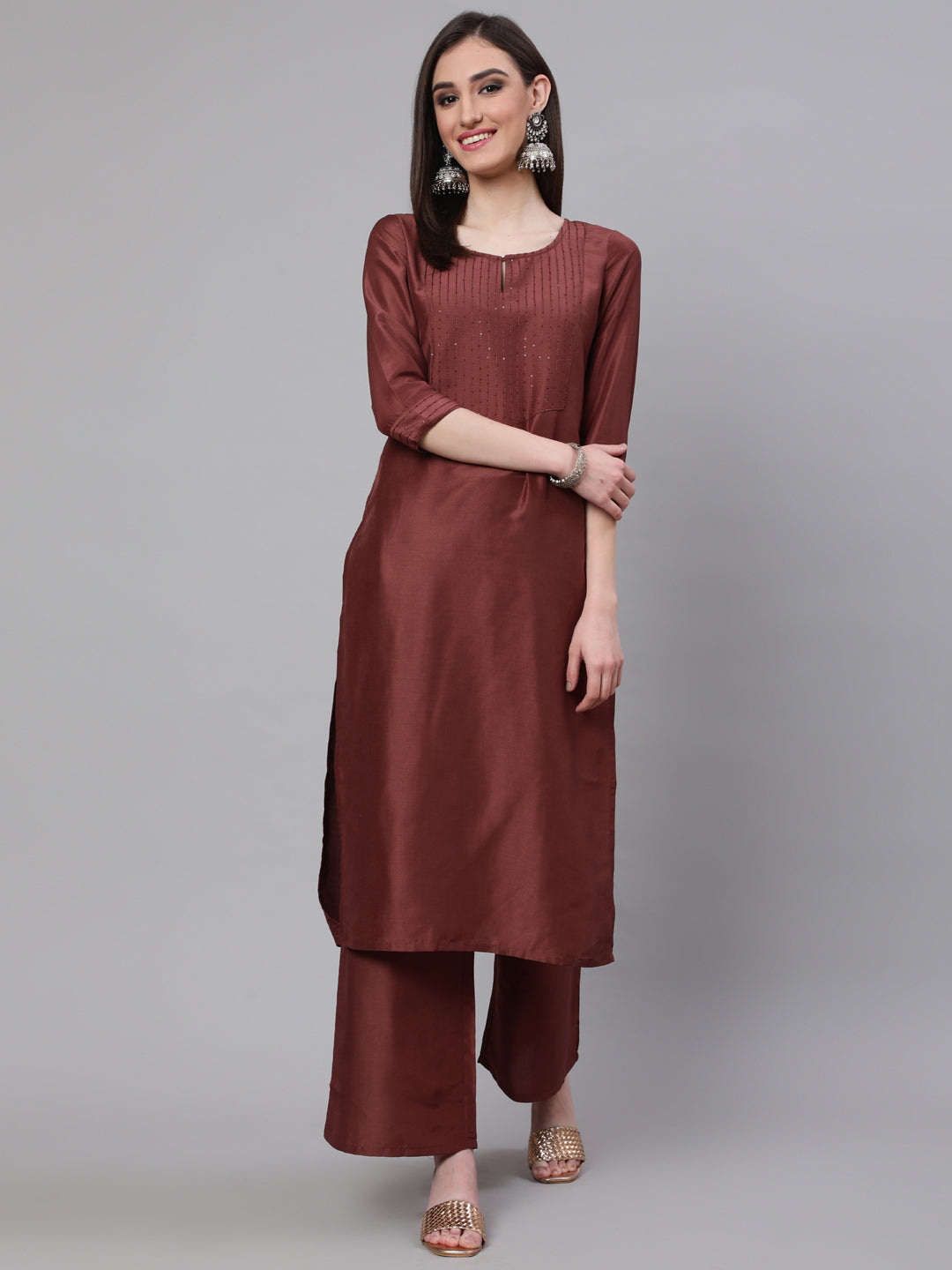 Women's Brown Yoke Sequin Straight Kurta