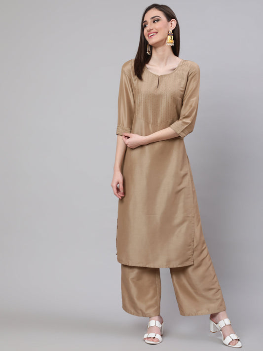 Women's Beige Yoke Sequin Straight Kurta