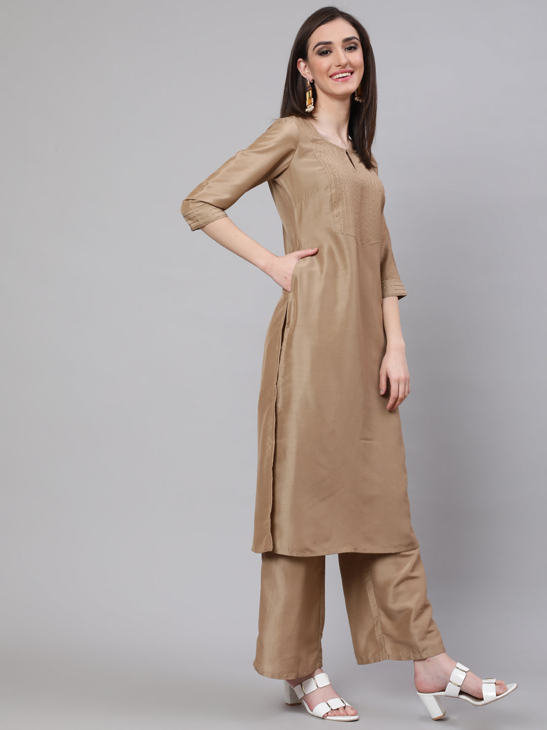 Women's Beige Yoke Sequin Straight Kurta