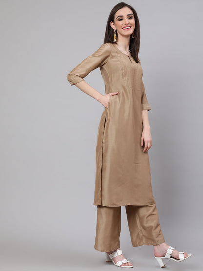 Women's Beige Yoke Sequin Straight Kurta