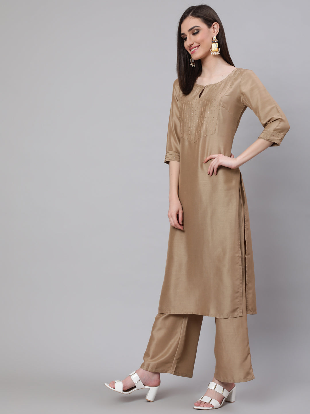 Women's Beige Yoke Sequin Straight Kurta