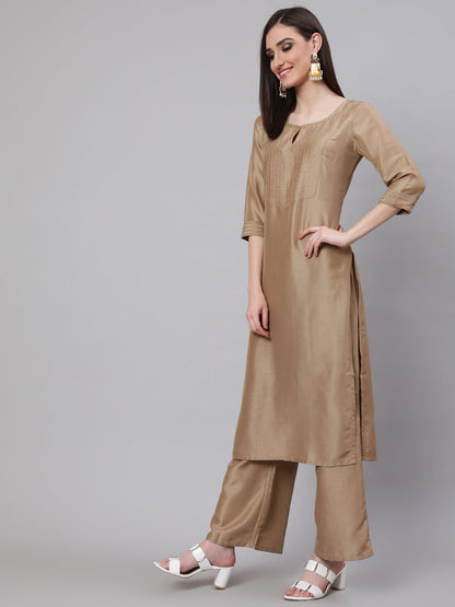 Women's Beige Yoke Sequin Straight Kurta