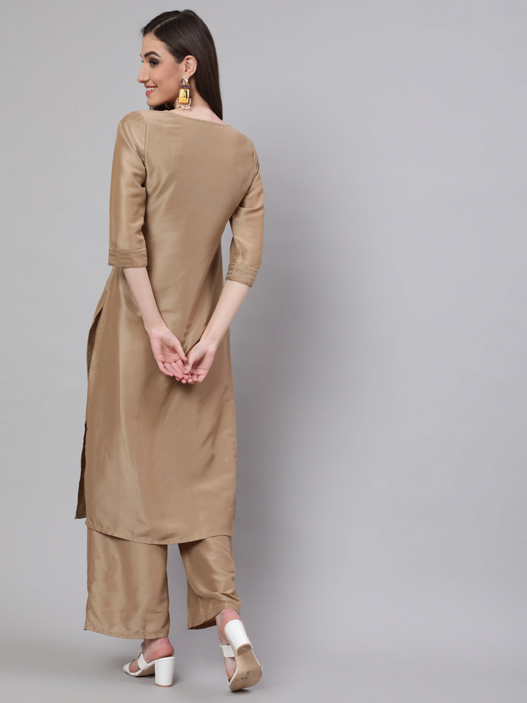 Women's Beige Yoke Sequin Straight Kurta