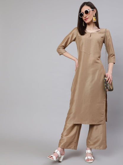 Women's Beige Yoke Sequin Straight Kurta