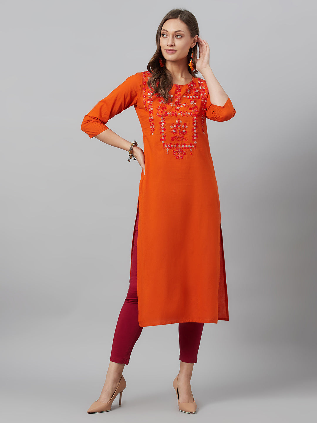 Women's Orange Embroidered Kurta