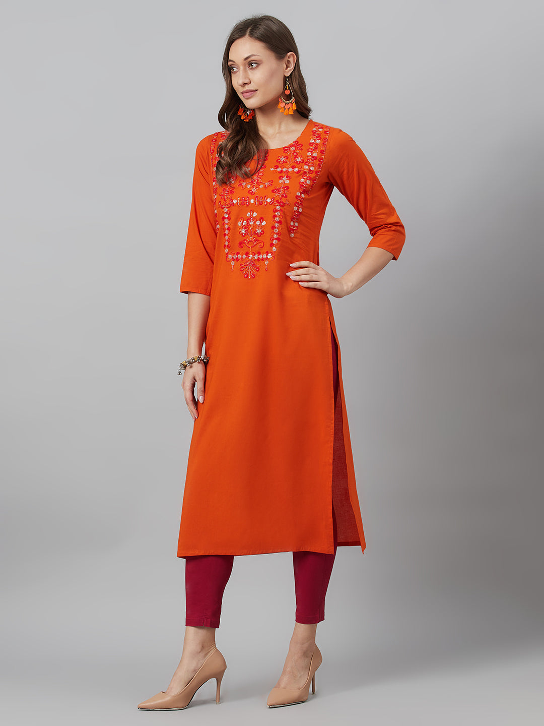 Women's Orange Embroidered Kurta