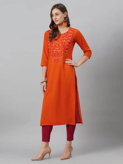 Women's Orange Embroidered Kurta