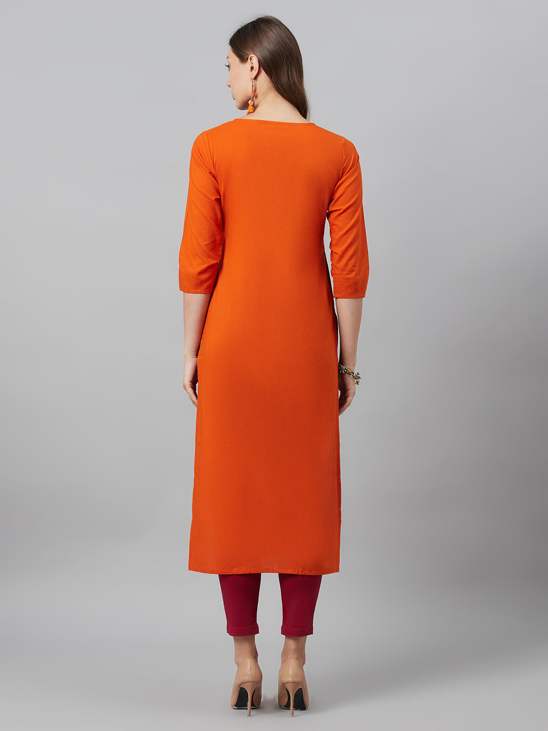 Women's Orange Embroidered Kurta