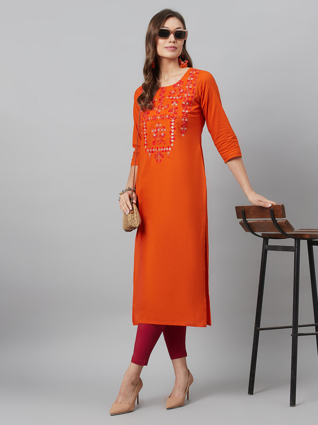 Women's Orange Embroidered Kurta