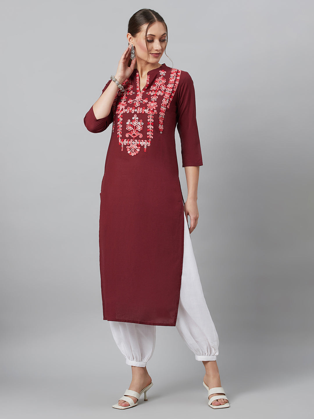 Women's Maroon Embroidered Kurta
