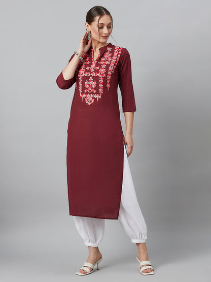 Women's Maroon Embroidered Kurta