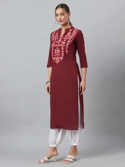 Women's Maroon Embroidered Kurta