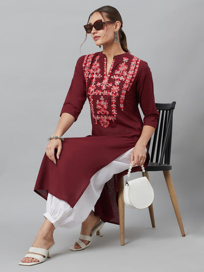 Women's Maroon Embroidered Kurta