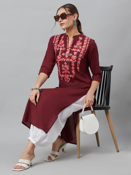 Women's Maroon Embroidered Kurta