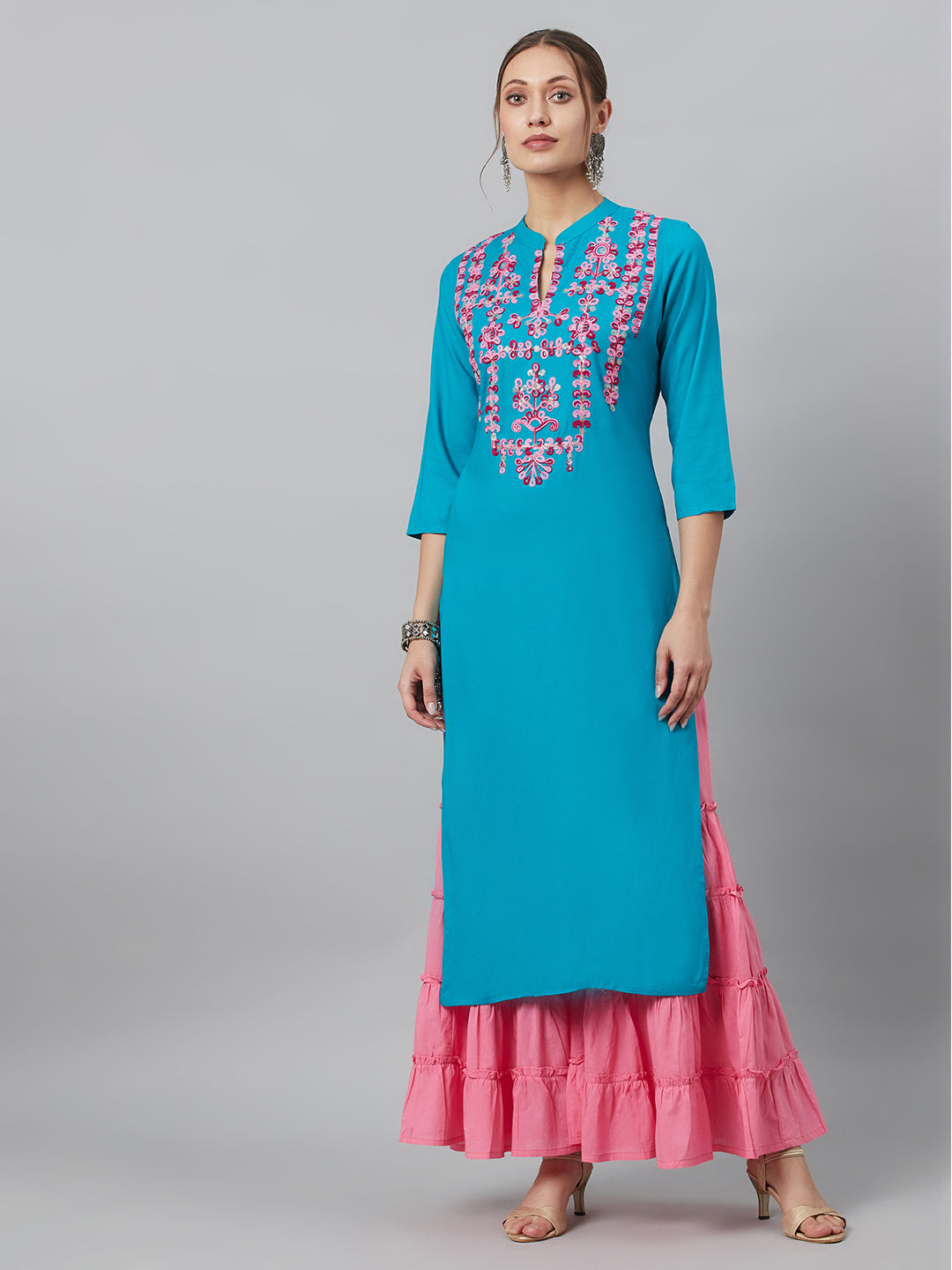 Women's Turquoise Blue Embroidered Kurta