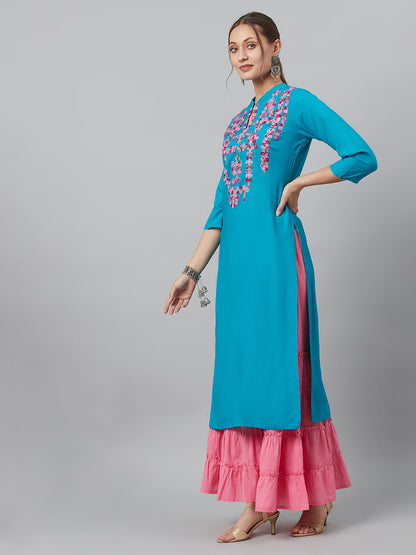 Women's Turquoise Blue Embroidered Kurta
