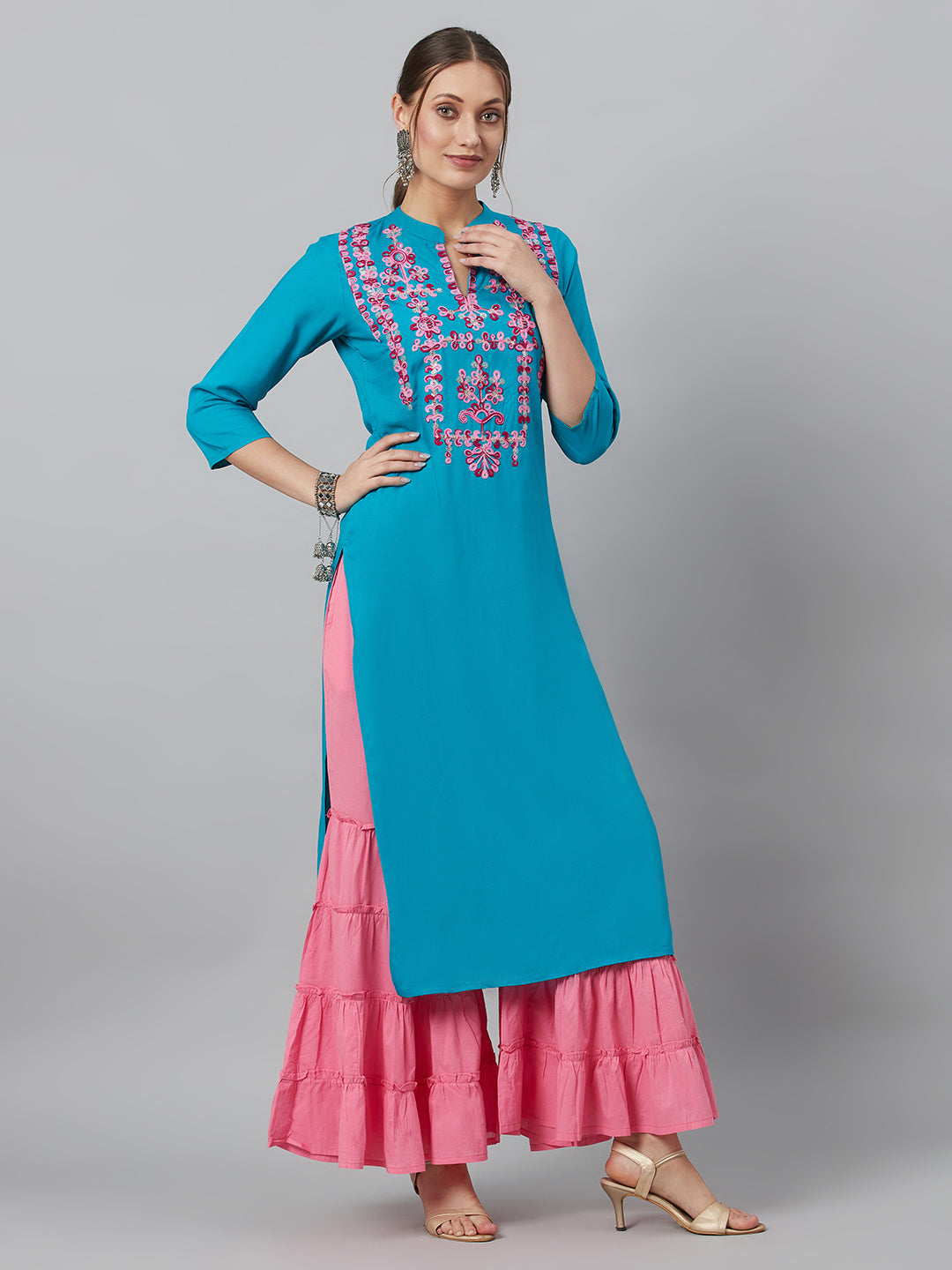 Women's Turquoise Blue Embroidered Kurta