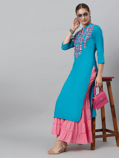 Women's Turquoise Blue Embroidered Kurta