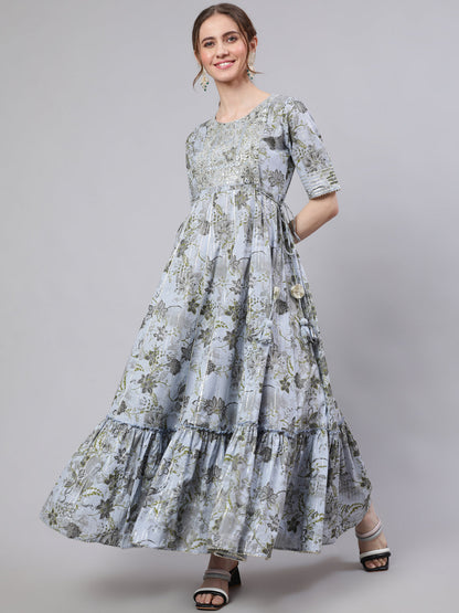 Women's Blue Floral Print Maxi Dress