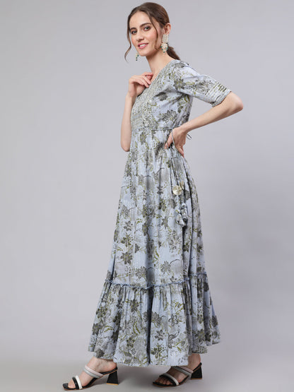 Women's Blue Floral Print Maxi Dress
