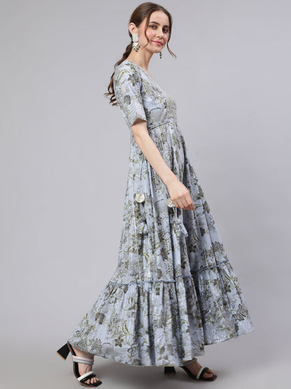 Women's Blue Floral Print Maxi Dress