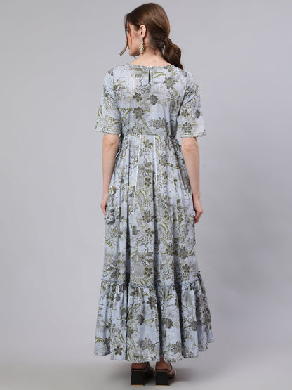 Women's Blue Floral Print Maxi Dress