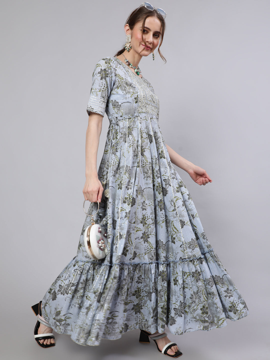 Women's Blue Floral Print Maxi Dress