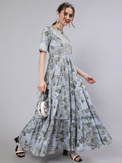 Women's Blue Floral Print Maxi Dress