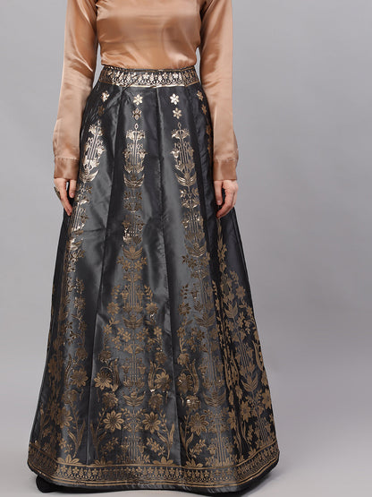 Women's Grey Floral Print Flared Skirt