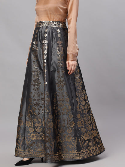 Women's Grey Floral Print Flared Skirt