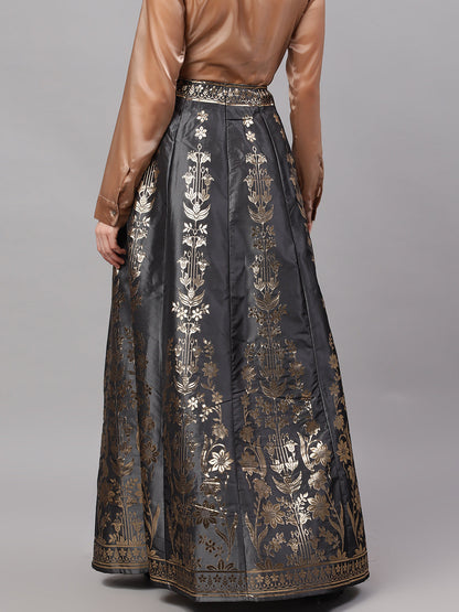 Women's Grey Floral Print Flared Skirt