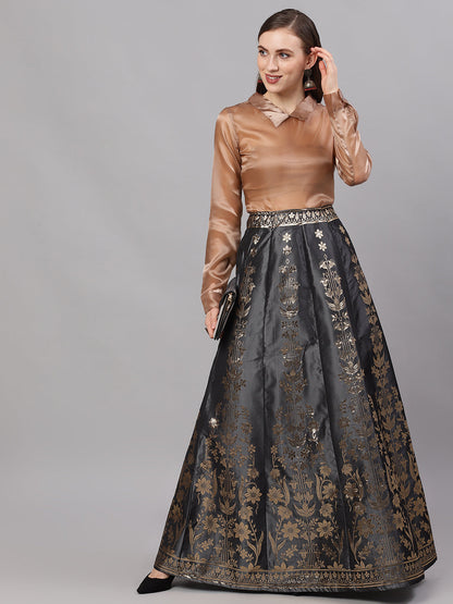 Women's Grey Floral Print Flared Skirt
