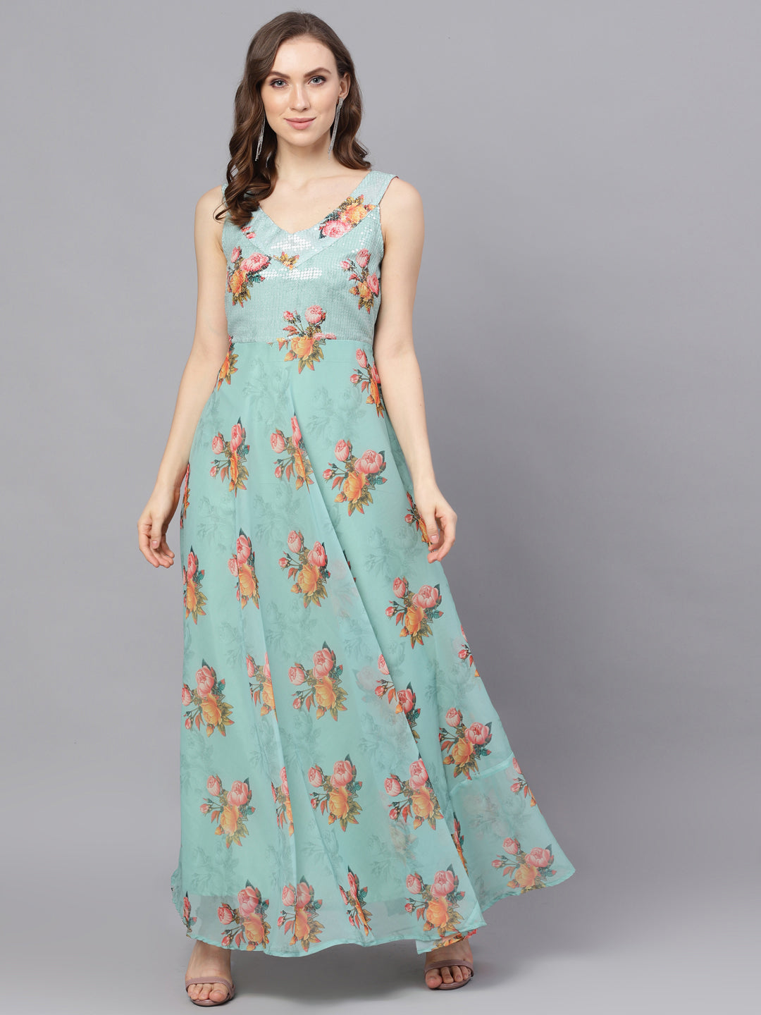 Women's Green Floral Print V-Neck Gown Dress
