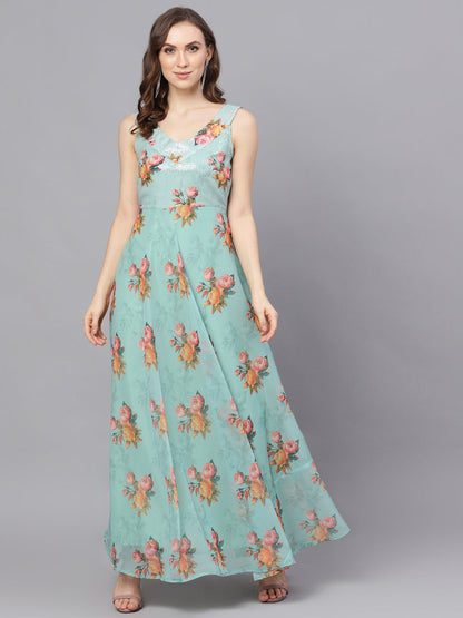 Women's Green Floral Print V-Neck Gown Dress