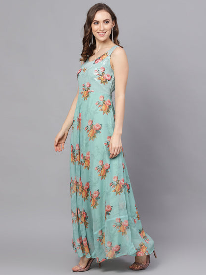 Women's Green Floral Print V-Neck Gown Dress