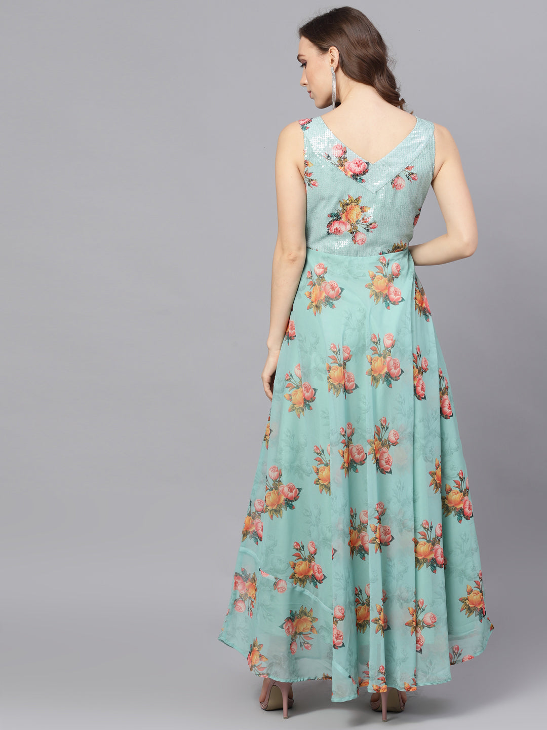 Women's Green Floral Print V-Neck Gown Dress