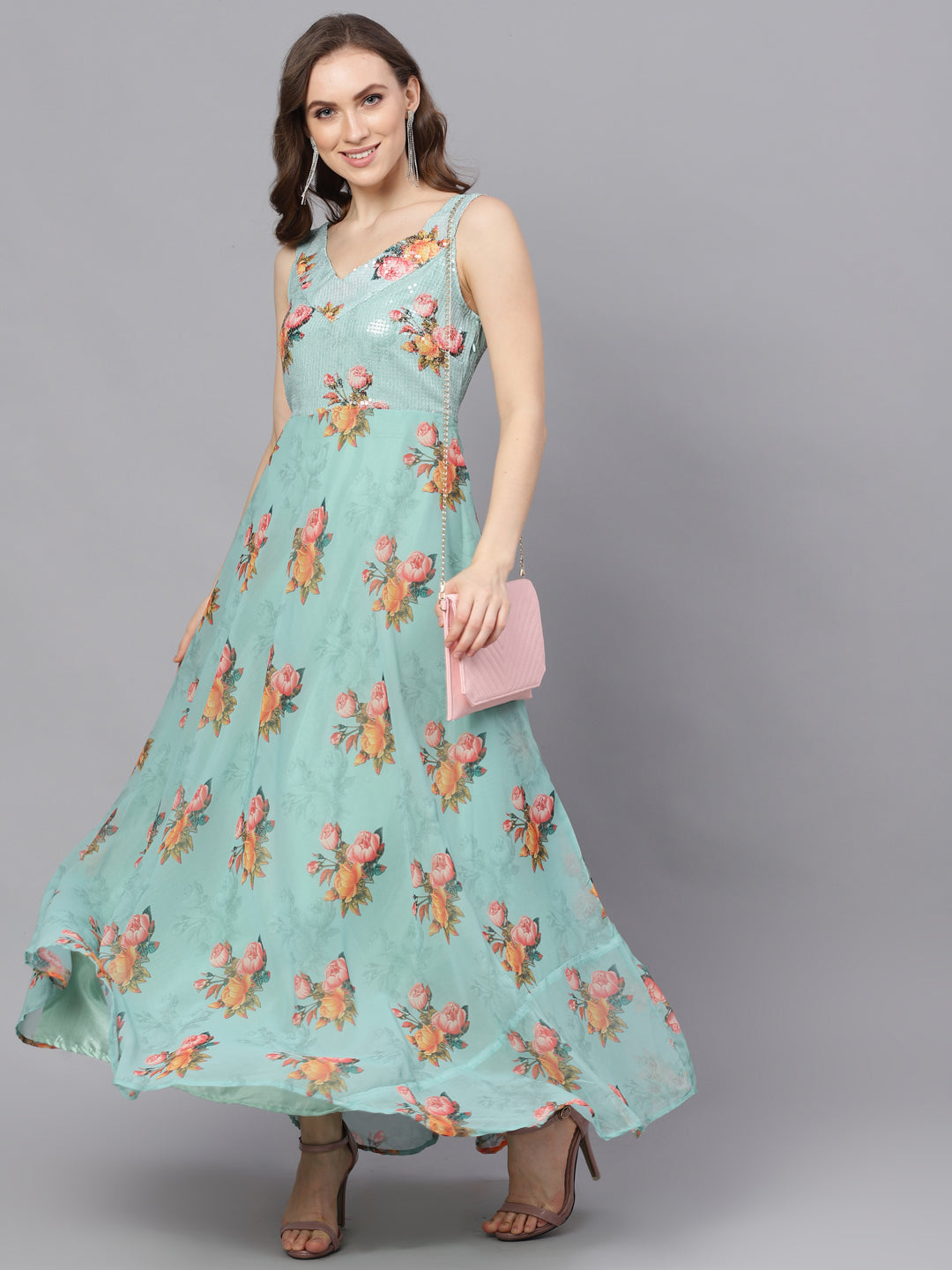Women's Green Floral Print V-Neck Gown Dress