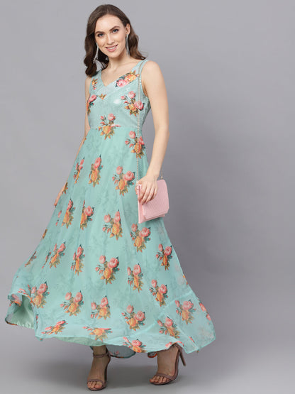 Women's Green Floral Print V-Neck Gown Dress