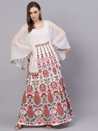 Women's White Embroidered Maxi Dress With Cape Sleeves