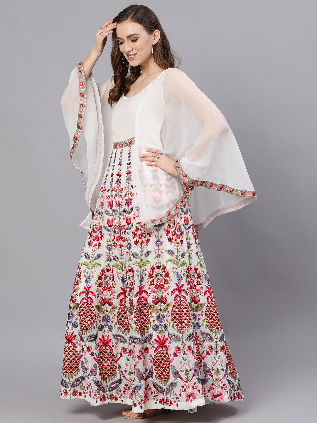 Women's White Embroidered Maxi Dress With Cape Sleeves