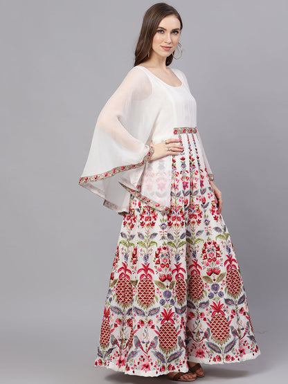 Women's White Embroidered Maxi Dress With Cape Sleeves